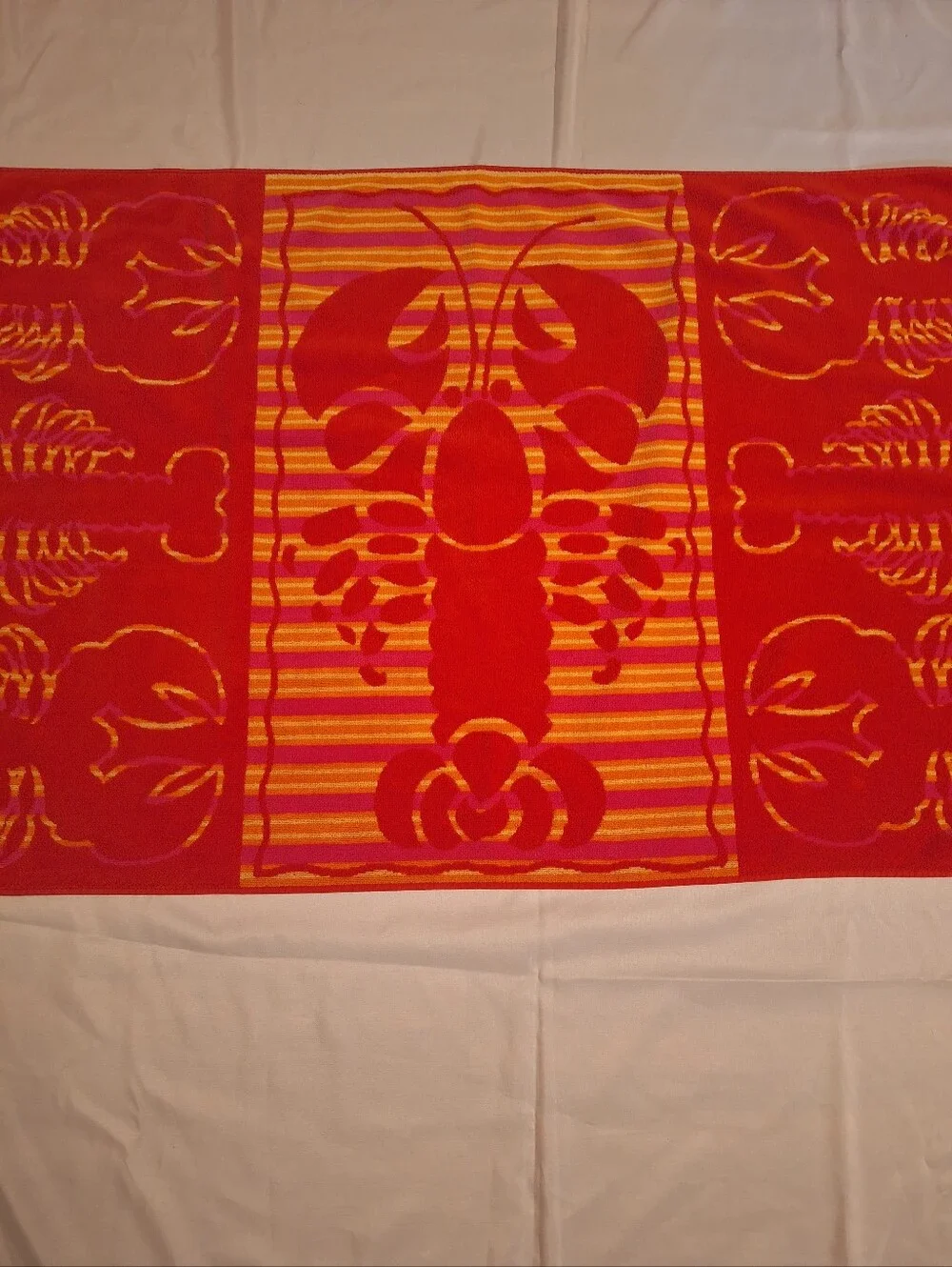 Vtg 90s Palm Cove Lobster Beach Towel Red Orange Pink Ocean 57x30 Inch Retro